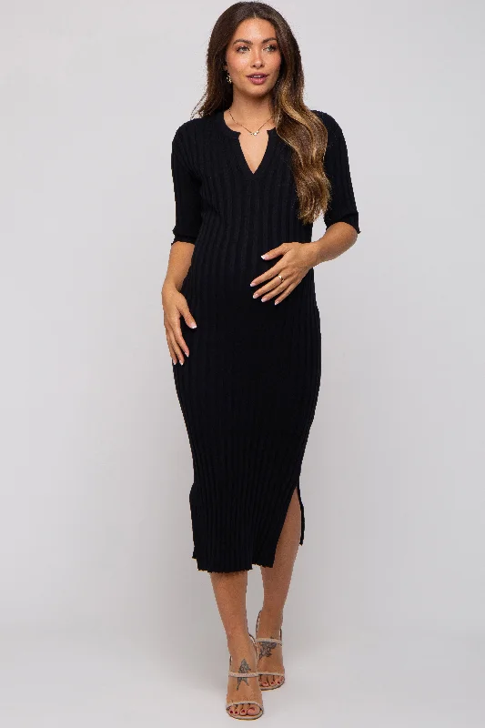 Midi dresses with ruffled bodices for a more pronounced feminine lookBlack Ribbed Knit Maternity Midi Dress Midi dresses with ruffled bodices for a more pronounced feminine lookBlack Ribbed Knit Maternity Midi Dress
