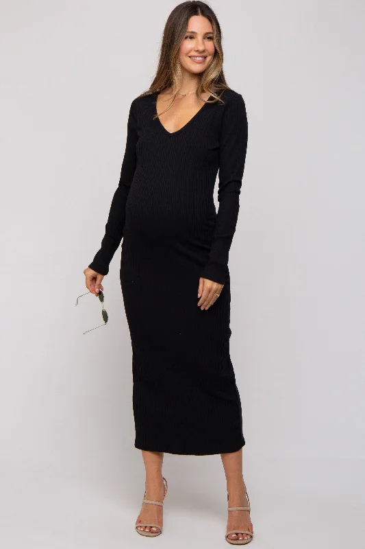 Midi dresses with pleated skirts for a timeless and elegant appealBlack Ribbed Long Sleeve Maternity Maxi Dress Midi dresses with pleated skirts for a timeless and elegant appealBlack Ribbed Long Sleeve Maternity Maxi Dress