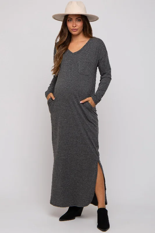 Midi dresses with polka dot prints for a playful summer outfitCharcoal Heathered Pocketed Long Sleeve Maternity Maxi Dress Midi dresses with polka dot prints for a playful summer outfitCharcoal Heathered Pocketed Long Sleeve Maternity Maxi Dress