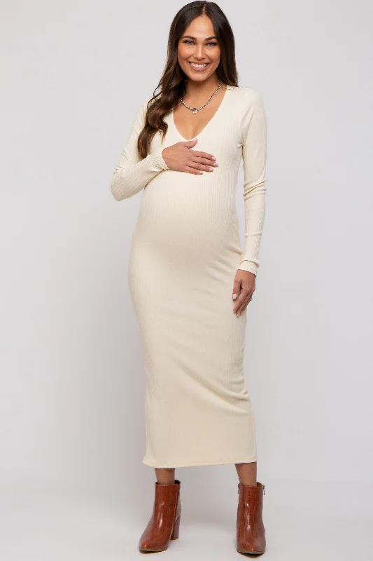 Midi dresses with abstract art prints for an artistic statementCream Ribbed Long Sleeve Maternity Maxi Dress Midi dresses with abstract art prints for an artistic statementCream Ribbed Long Sleeve Maternity Maxi Dress