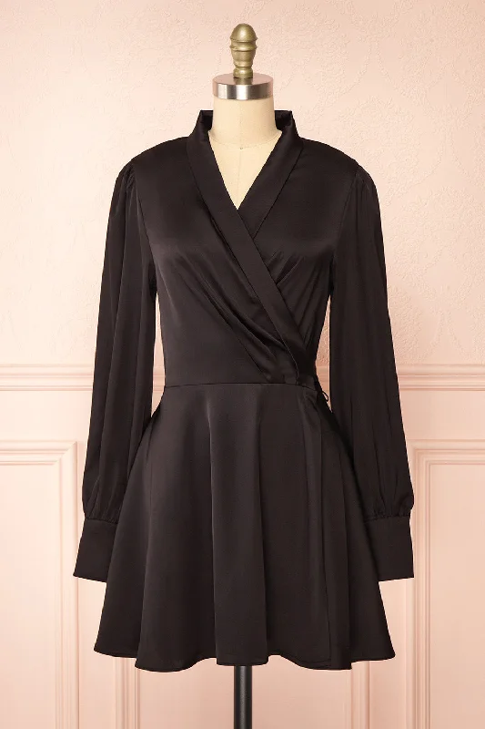 Midi dresses with empire waists for a flattering maternity optionFelestine Black | Short Satin Wrap Dress Midi dresses with empire waists for a flattering maternity optionFelestine Black | Short Satin Wrap Dress