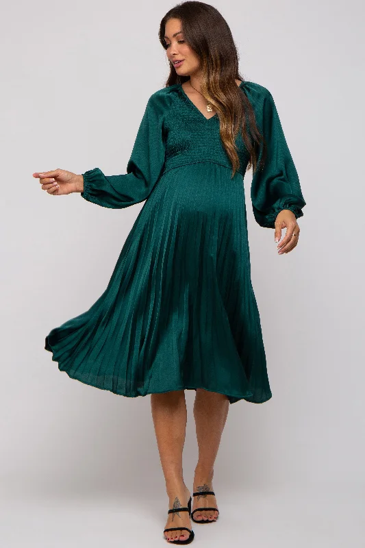 Sleeveless midi dresses with lace details for summer weddingsForest Green Satin Smocked and Pleated Maternity Midi Dress Sleeveless midi dresses with lace details for summer weddingsForest Green Satin Smocked and Pleated Maternity Midi Dress