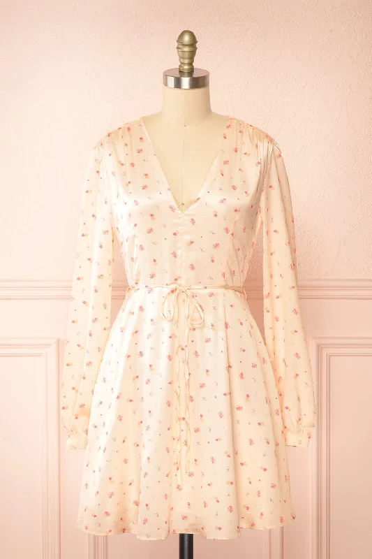 Midi dresses with V - necklines for a flattering and elongating effectGeorgia | Short Pink Satin Floral Dress Midi dresses with V - necklines for a flattering and elongating effectGeorgia | Short Pink Satin Floral Dress