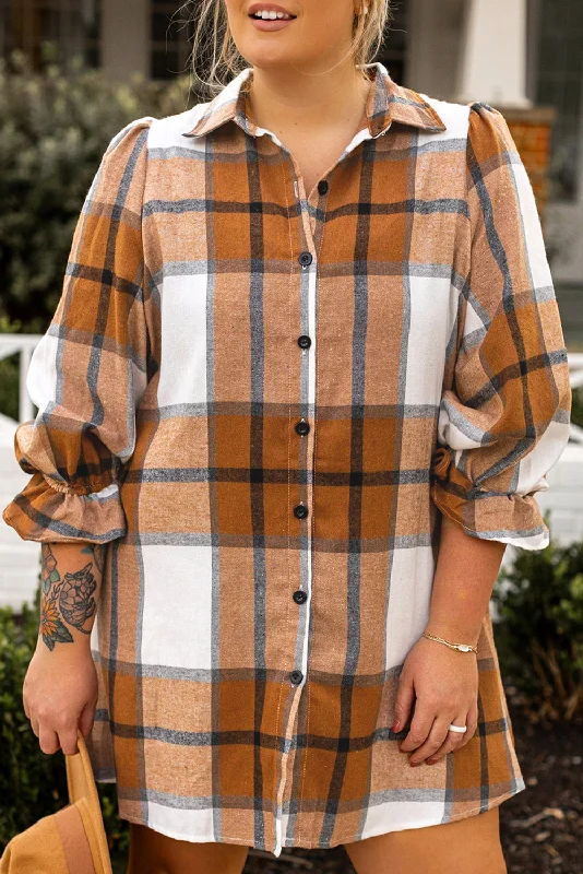 Midi dresses with lace - up fronts for a unique and adjustable stylePlaid Flounce Sleeve Dress Plus Size Midi dresses with lace - up fronts for a unique and adjustable stylePlaid Flounce Sleeve Dress Plus Size