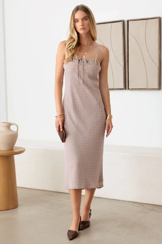 Midi dresses with keyhole backs for a flirty and unexpected detailLe Lis Swiss Dot Lace Detail Midi Cami Dress - Elegant Ruched and Tied Design Midi dresses with keyhole backs for a flirty and unexpected detailLe Lis Swiss Dot Lace Detail Midi Cami Dress - Elegant Ruched and Tied Design