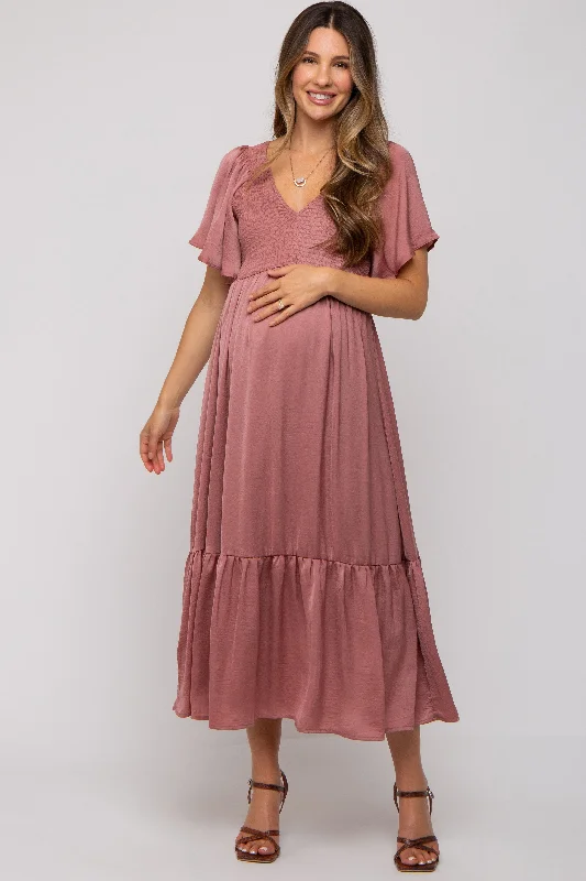 Midi dresses with ruffled bodices for a more pronounced feminine lookPink Satin Smocked Maternity Midi Dress Midi dresses with ruffled bodices for a more pronounced feminine lookPink Satin Smocked Maternity Midi Dress