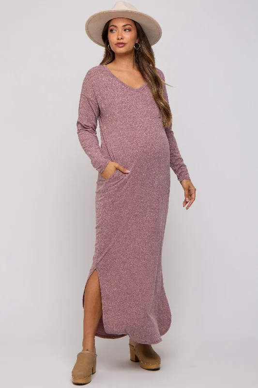 Midi dresses with cotton - blend materials for everyday comfortPlum Heathered Pocketed Long Sleeve Maternity Maxi Dress Midi dresses with cotton - blend materials for everyday comfortPlum Heathered Pocketed Long Sleeve Maternity Maxi Dress