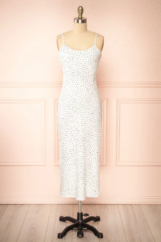 Sheath midi dresses with beaded embellishments for a formal occasionRebby Polka Dot White | Silky Fitted Midi Dress Sheath midi dresses with beaded embellishments for a formal occasionRebby Polka Dot White | Silky Fitted Midi Dress