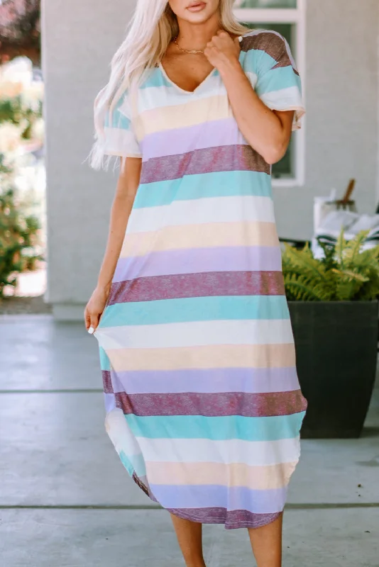 Midi dresses with one - shoulder designs for a modern and asymmetric styleStripe V-Neck T-Shirt Midi Dress Midi dresses with one - shoulder designs for a modern and asymmetric styleStripe V-Neck T-Shirt Midi Dress