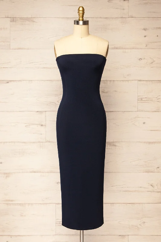 Midi dresses with bow accents for a sweet and charming lookVictorya Navy | Strapless Fitted Midi Dress Midi dresses with bow accents for a sweet and charming lookVictorya Navy | Strapless Fitted Midi Dress