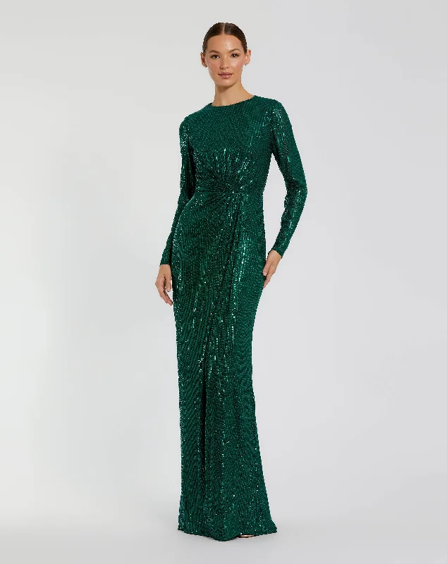 Maxi dresses with asymmetric hems and ruffled bodices for a fashion - forward and dynamic appearanceSequined Long Sleeve Side Knot Gown Maxi dresses with asymmetric hems and ruffled bodices for a fashion - forward and dynamic appearanceSequined Long Sleeve Side Knot Gown
