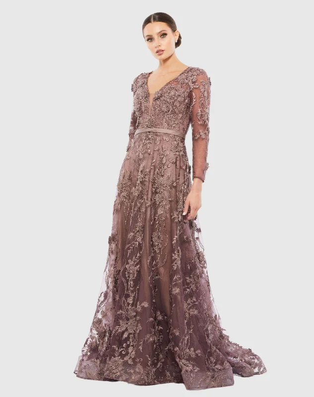 Maxi dresses with gathered bodices and wide - leg skirts for a comfortable and stylish silhouetteEmbroidered Long Sleeve Plunge Neck A-Line Gown Maxi dresses with gathered bodices and wide - leg skirts for a comfortable and stylish silhouetteEmbroidered Long Sleeve Plunge Neck A-Line Gown