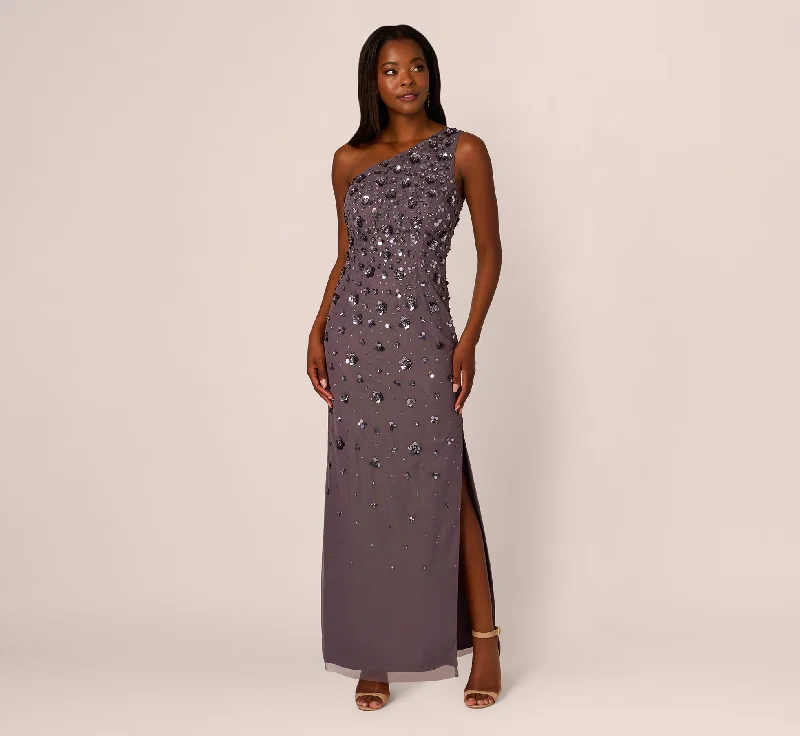 Maxi dresses with lace - trimmed sleeves and empire - style waists for a flattering and vintage look3D Floral Hand-Beaded One-Shoulder Long Column Gown In Moonscape Maxi dresses with lace - trimmed sleeves and empire - style waists for a flattering and vintage look3D Floral Hand-Beaded One-Shoulder Long Column Gown In Moonscape