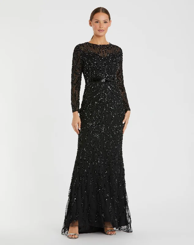 Maxi dresses with geometric - cutout sleeves and flowing chiffon fabrics for a modern and airy lookBlack Beaded Long Sleeve Evening Gown Maxi dresses with geometric - cutout sleeves and flowing chiffon fabrics for a modern and airy lookBlack Beaded Long Sleeve Evening Gown