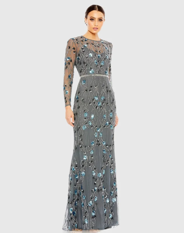 Maxi dresses with keyhole backs and embroidery along the hem for a flirty and detailed lookFloral Embellished Long Sleeve Gown Maxi dresses with keyhole backs and embroidery along the hem for a flirty and detailed lookFloral Embellished Long Sleeve Gown