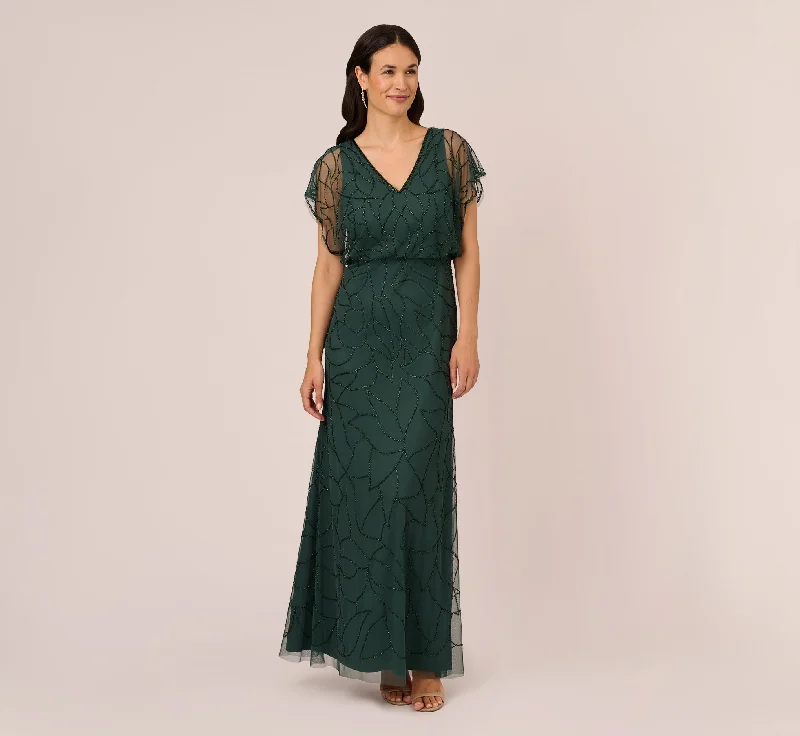 Maxi dresses with ruched bodices and puff sleeves for a vintage - inspired styleBeaded Blouson Mermaid Gown With Sheer Dolman Sleeves In Dusty Emerald Maxi dresses with ruched bodices and puff sleeves for a vintage - inspired styleBeaded Blouson Mermaid Gown With Sheer Dolman Sleeves In Dusty Emerald