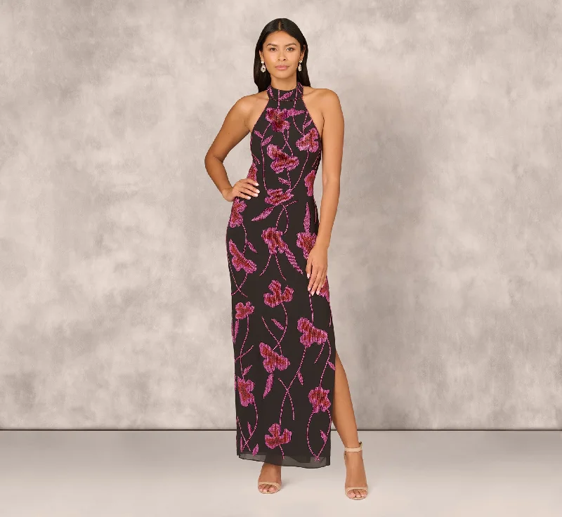 Sheath maxi dresses with beaded embellishments for a formal evening eventBeaded Floral Halter Column Gown With Mock Neck In Black Multi Sheath maxi dresses with beaded embellishments for a formal evening eventBeaded Floral Halter Column Gown With Mock Neck In Black Multi