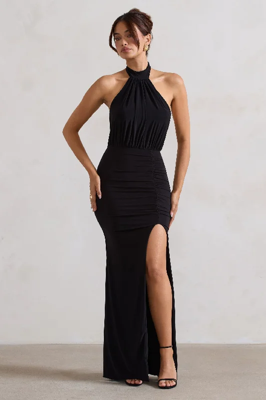 Maxi dresses with keyhole backs and embroidery along the hem for a flirty and detailed lookForever Dreaming | Black Backless Halter Neck Ruched Split Maxi Dress Maxi dresses with keyhole backs and embroidery along the hem for a flirty and detailed lookForever Dreaming | Black Backless Halter Neck Ruched Split Maxi Dress