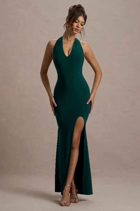 Maxi dresses with patchwork designs and high - neck collars for a one - of - a - kind styleGlamour | Bottle Green Backless V Plunge Halter Neck Maxi Dress With Side Split Maxi dresses with patchwork designs and high - neck collars for a one - of - a - kind styleGlamour | Bottle Green Backless V Plunge Halter Neck Maxi Dress With Side Split
