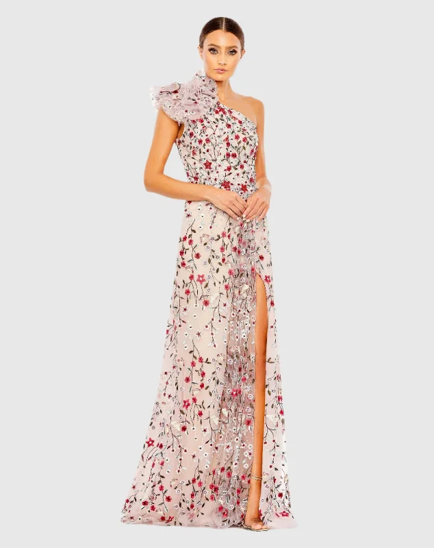 Maxi dresses with lace - up side panels and ruffled bodices for a feminine and detailed lookEmbellished Ruffled One Shoulder A Line Gown Maxi dresses with lace - up side panels and ruffled bodices for a feminine and detailed lookEmbellished Ruffled One Shoulder A Line Gown