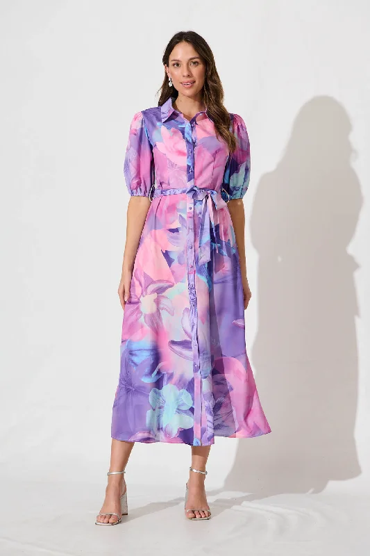 Maxi dresses with ruched back panels and button - down fronts for a unique and flattering fitGabriela Maxi Shirt Dress In Pink With Purple Floral