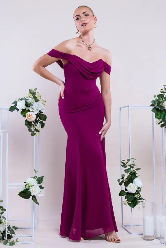 Maxi dresses with high - low hems and geometric prints for a modern partyGoddiva Chiffon Bardot Cowl Neck Maxi Dress - Magenta Maxi dresses with high - low hems and geometric prints for a modern partyGoddiva Chiffon Bardot Cowl Neck Maxi Dress - Magenta
