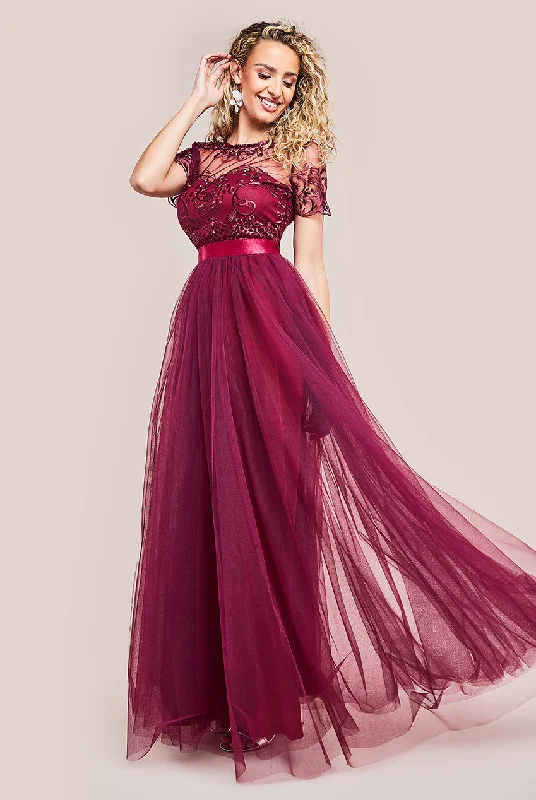 Maxi dresses with ruffled sleeves and bow accents for a sweet and charming lookGoddiva Embroidered Mesh Maxi Dress - Burgundy Maxi dresses with ruffled sleeves and bow accents for a sweet and charming lookGoddiva Embroidered Mesh Maxi Dress - Burgundy