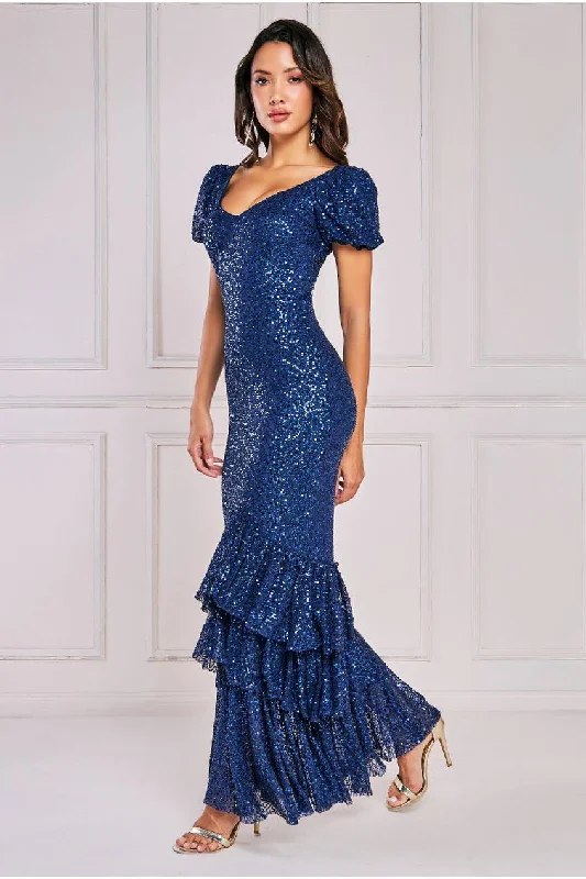 Maxi dresses with geometric - cutout sleeves and flowing chiffon fabrics for a modern and airy lookGoddiva Puff Sleeve Tiered Hem Maxi Dress - Navy Maxi dresses with geometric - cutout sleeves and flowing chiffon fabrics for a modern and airy lookGoddiva Puff Sleeve Tiered Hem Maxi Dress - Navy