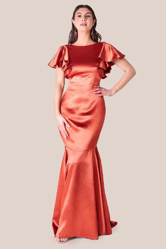 Maxi dresses with pom - pom trims and printed lining for a playful and festive lookGoddiva Satin Flutter Sleeve Mermaid Maxi - Burntorange Maxi dresses with pom - pom trims and printed lining for a playful and festive lookGoddiva Satin Flutter Sleeve Mermaid Maxi - Burntorange