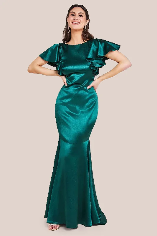 Maxi dresses with tassel - adorned belts and tiered skirts for a stylish and festive lookGoddiva Satin Flutter Sleeve Mermaid Maxi - Emerald Maxi dresses with tassel - adorned belts and tiered skirts for a stylish and festive lookGoddiva Satin Flutter Sleeve Mermaid Maxi - Emerald