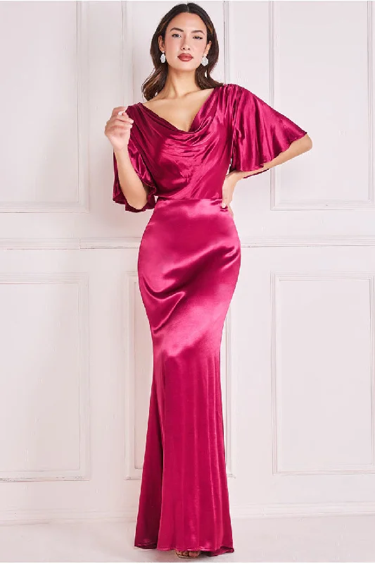 Maxi dresses with gathered bodices and wide - leg skirts for a comfortable and stylish silhouetteGoddiva Satin Viscose Cowl Neck Maxi With Train - Burgundy Maxi dresses with gathered bodices and wide - leg skirts for a comfortable and stylish silhouetteGoddiva Satin Viscose Cowl Neck Maxi With Train - Burgundy