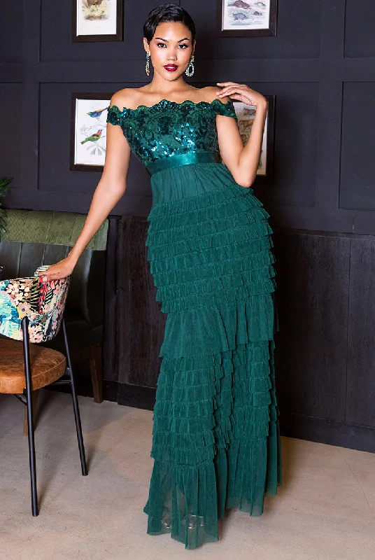 Maxi dresses with long sleeves and floral prints for a cozy autumn or spring outfitGoddiva Scallop Bardot Ruffle Mesh Maxi - Emerald Green Maxi dresses with long sleeves and floral prints for a cozy autumn or spring outfitGoddiva Scallop Bardot Ruffle Mesh Maxi - Emerald Green