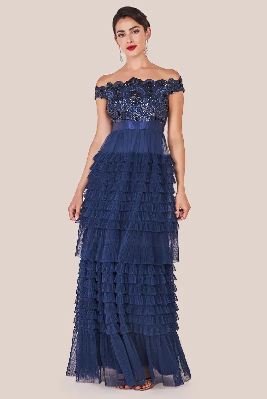 Maxi dresses with fringe details and tassel accents for a fun and energetic styleGoddiva Scallop Bardot Ruffle Mesh Maxi - Navy Maxi dresses with fringe details and tassel accents for a fun and energetic styleGoddiva Scallop Bardot Ruffle Mesh Maxi - Navy