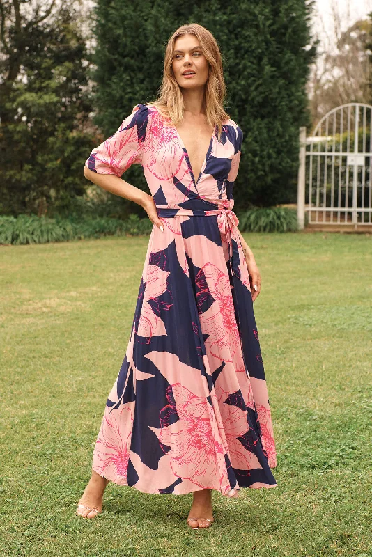 Maxi dresses with high - low hems and geometric prints for a modern partyRonda Maxi Wrap Dress In Navy With Blush Flower Print Maxi dresses with high - low hems and geometric prints for a modern partyRonda Maxi Wrap Dress In Navy With Blush Flower Print