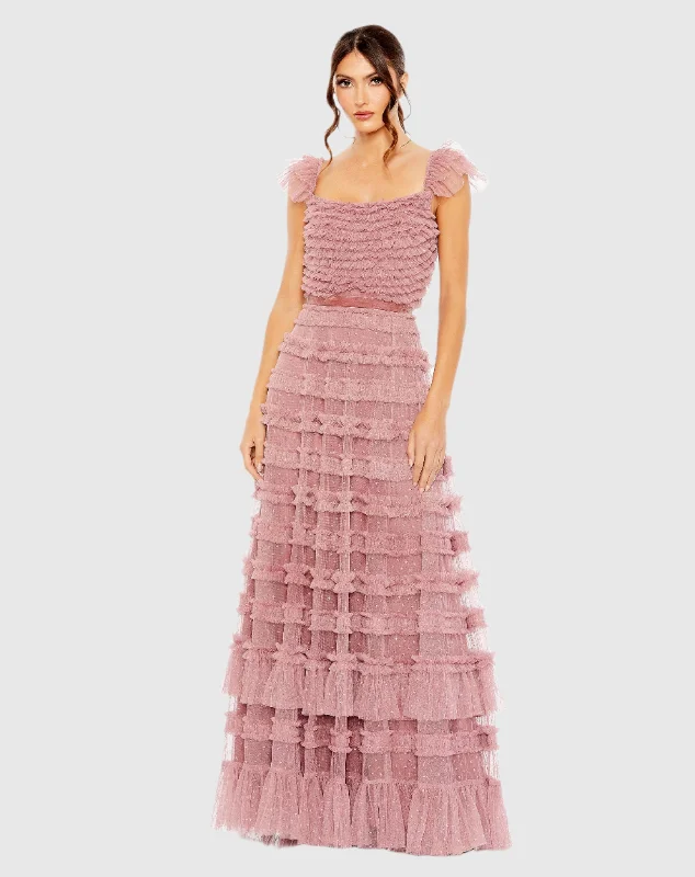 Maxi dresses with satin - finish fabrics and V - necklines for a flattering and elongating effectRuffle Cap Sleeve Embellished Tiered Gown Maxi dresses with satin - finish fabrics and V - necklines for a flattering and elongating effectRuffle Cap Sleeve Embellished Tiered Gown