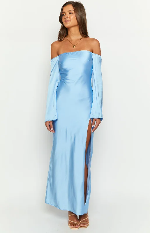 Maxi dresses with tiered lace skirts and off - the - shoulder necklines for a feminine and elegant beach lookShae Blue Satin Long Sleeve Maxi Dress Maxi dresses with tiered lace skirts and off - the - shoulder necklines for a feminine and elegant beach lookShae Blue Satin Long Sleeve Maxi Dress