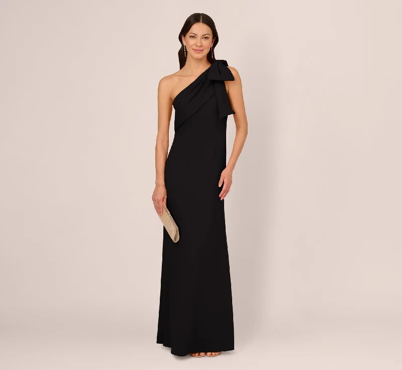 Maxi dresses with detachable belts and solid colors for a customizable and versatile lookStretch Crepe One Shoulder Mermaid Gown With Bow Accent In Black Maxi dresses with detachable belts and solid colors for a customizable and versatile lookStretch Crepe One Shoulder Mermaid Gown With Bow Accent In Black