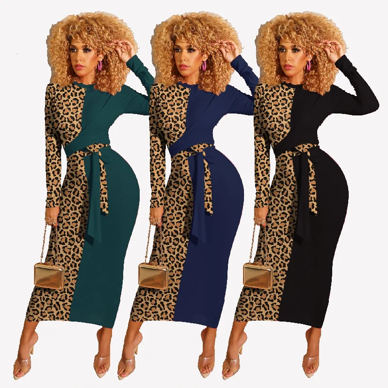 Maxi dresses with cold - shoulder ruffled sleeves and floral prints for a romantic and trendy styleYG8060 - women modern leopard patch long sleeve bandage maxi dress Maxi dresses with cold - shoulder ruffled sleeves and floral prints for a romantic and trendy styleYG8060 - women modern leopard patch long sleeve bandage maxi dress