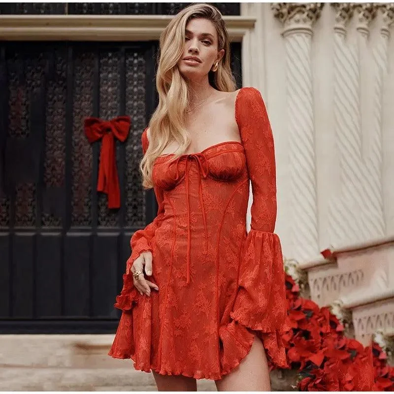 Lace - Embellished Women Dress for an Elegant and Sophisticated AppearanceBecco Lace Dress with Bell Sleeves Lace - Embellished Women Dress for an Elegant and Sophisticated AppearanceBecco Lace Dress with Bell Sleeves