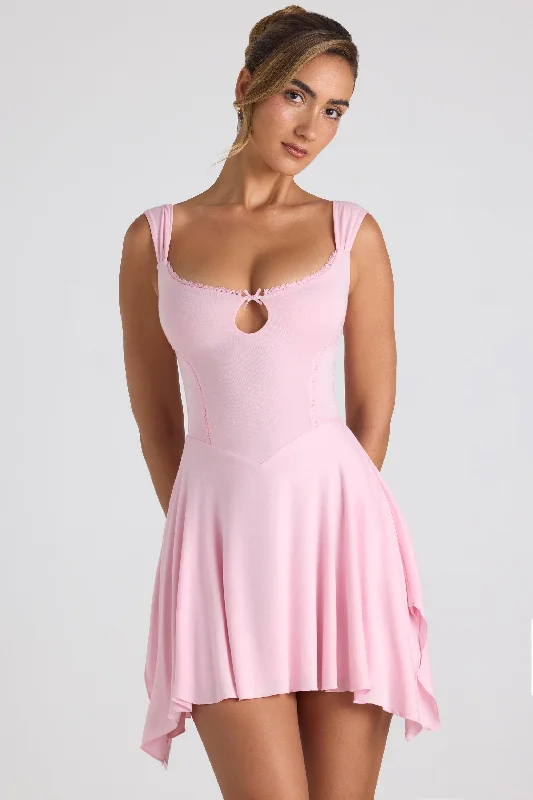 Printed Abstract Women Dress for a Modern and Artistic AppealModal Asymmetric Lace-Trim A-Line Mini Dress in Soft Pink Printed Abstract Women Dress for a Modern and Artistic AppealModal Asymmetric Lace-Trim A-Line Mini Dress in Soft Pink