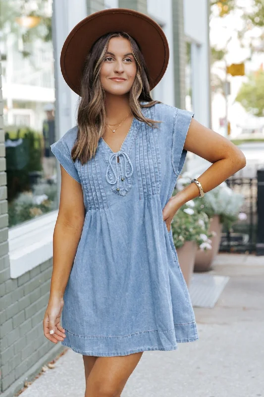 Backless Women Dress for a Sexy and Alluring Look at Evening EventsMade For You Denim Pleated Mini Dress Backless Women Dress for a Sexy and Alluring Look at Evening EventsMade For You Denim Pleated Mini Dress