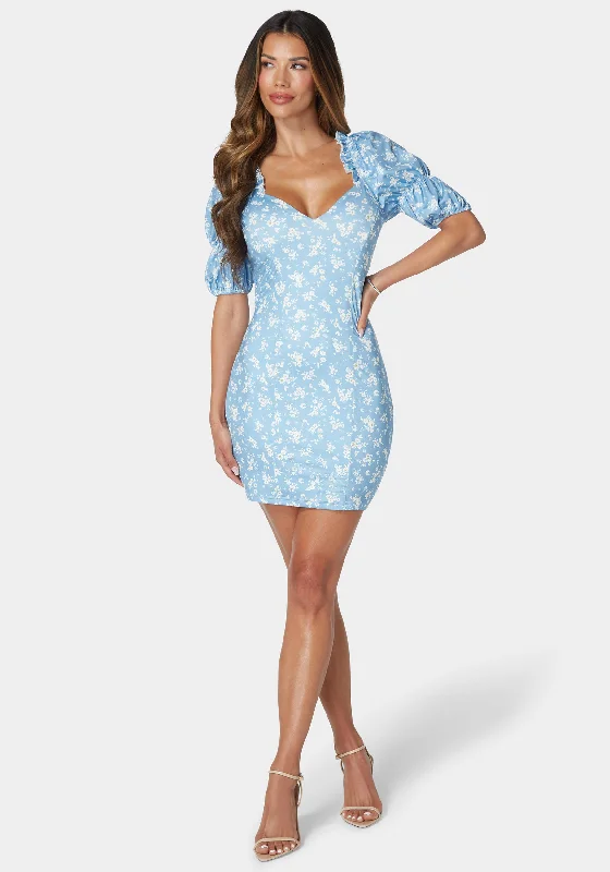 Sheath Women Dress with a Tailored Fit for a Professional LookPrinted Puff Sleeve Plunge Neck Dress Sheath Women Dress with a Tailored Fit for a Professional LookPrinted Puff Sleeve Plunge Neck Dress