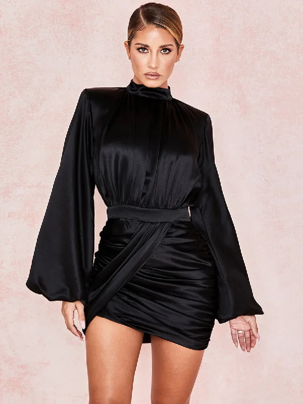Off - the - Shoulder Women Dress for a Romantic and Feminine LookStand Collar Ruched Ballon Sleeve Mini Dress MCW1200 Off - the - Shoulder Women Dress for a Romantic and Feminine LookStand Collar Ruched Ballon Sleeve Mini Dress MCW1200