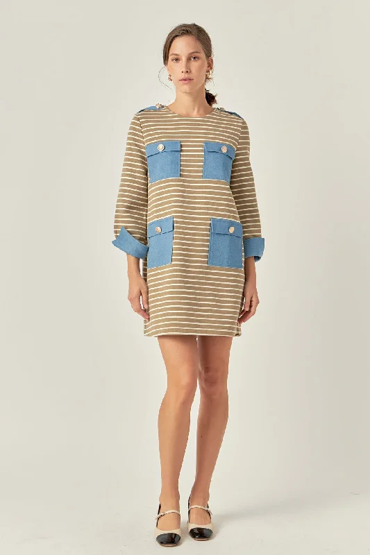 Sleeveless Women Dress in Bright Colors for Summer PartiesStriped Jersey Knit Dress With Denim Pockets Sleeveless Women Dress in Bright Colors for Summer PartiesStriped Jersey Knit Dress With Denim Pockets