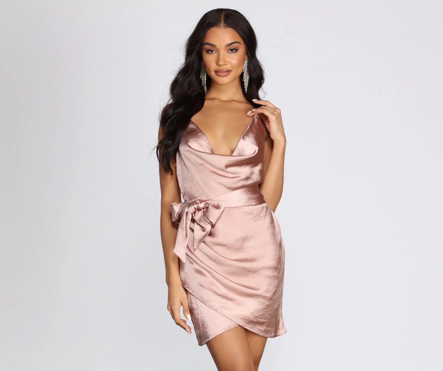 Plus Size Women Dress with a Flattering A - Line Cut for Comfort and StyleWrapped In Satin Mini Dress Plus Size Women Dress with a Flattering A - Line Cut for Comfort and StyleWrapped In Satin Mini Dress