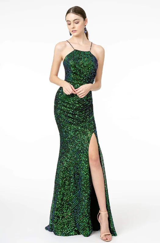 Prom dresses with side - slit skirts and beaded fringes for a glamorous appearanceElizabeth K - GL1812 Sequined Halter Trumpet Dress With Train Prom dresses with side - slit skirts and beaded fringes for a glamorous appearanceElizabeth K - GL1812 Sequined Halter Trumpet Dress With Train