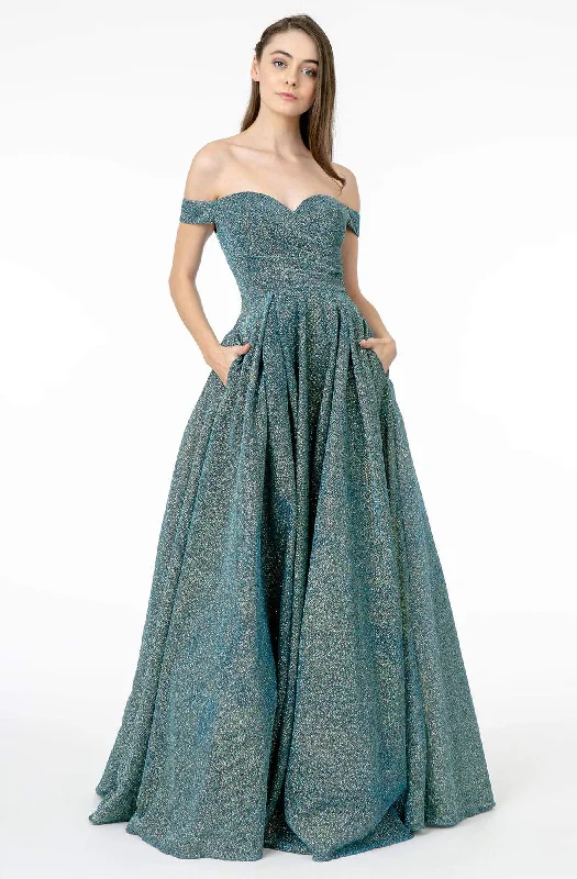Prom dresses with cold - shoulder cutouts and satin bows for a trendy lookElizabeth K - GL1827 Glitter Lame Off Shoulder A-Line Gown Prom dresses with cold - shoulder cutouts and satin bows for a trendy lookElizabeth K - GL1827 Glitter Lame Off Shoulder A-Line Gown