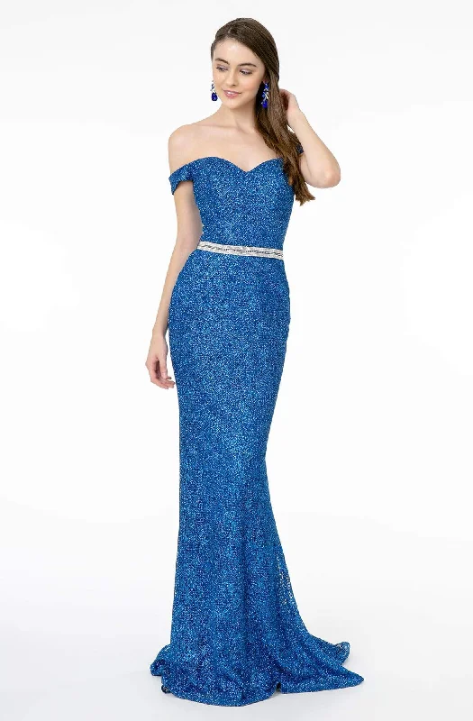 Formal dresses with pleated bodices and taffeta fabric for a traditional lookElizabeth K - GL1829 Off Shoulder Jeweled Waist Glitter Gown Formal dresses with pleated bodices and taffeta fabric for a traditional lookElizabeth K - GL1829 Off Shoulder Jeweled Waist Glitter Gown