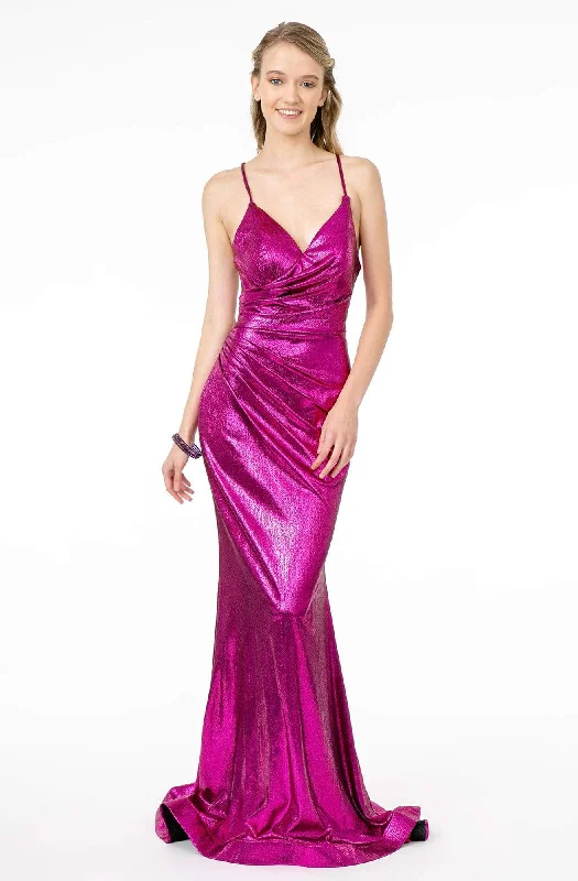 Prom dresses with gathered skirts and crystal - encrusted belts for a luxurious promElizabeth K - GL2943 Plunging V-Neck Ruched Trumpet Dress Prom dresses with gathered skirts and crystal - encrusted belts for a luxurious promElizabeth K - GL2943 Plunging V-Neck Ruched Trumpet Dress