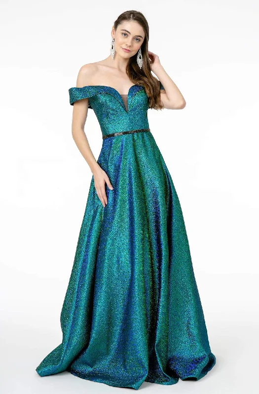 Formal dresses with high - low hems and floral embroidery for a unique prom styleElizabeth K - GL2982 Folded Off Shoulder Metallic Lame A-Line Gown Formal dresses with high - low hems and floral embroidery for a unique prom styleElizabeth K - GL2982 Folded Off Shoulder Metallic Lame A-Line Gown